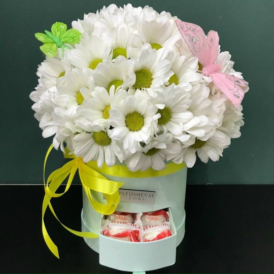Фото Коробочка-сюрприз с хризантемой Белый Бабочки