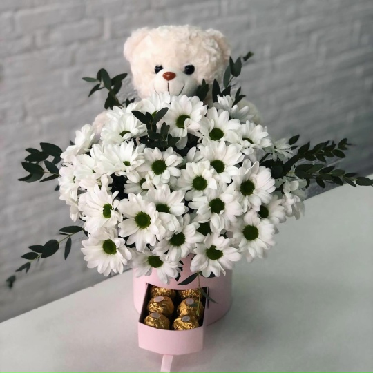 Фото Коробочка-сюрприз с хризантемой Белый Эвкалипт Мишка